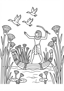 Voir le coloriage Chasse au canard dans les marais du delta sur un petit bateau de papyrus