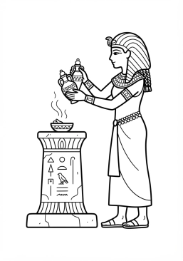 Voir le coloriage Prêtresse égyptienne offrant des vases de parfums précieux sur un autel en pierre
