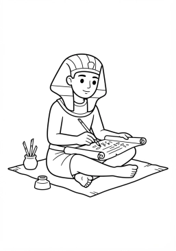 Voir le coloriage Scribe égyptien assis en tailleur rédigeant un décret sur un papyrus avec un calame
