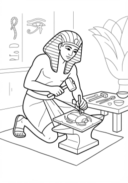Voir le coloriage Orfèvre martelant une plaque d'or massif pour créer un pendentif en forme de scarabée