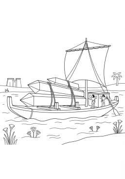 Voir le coloriage Bateau de transport lourd chargé d'obélisques naviguant sur le fleuve majestueux