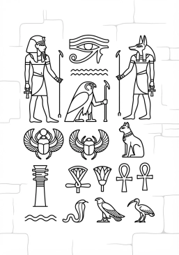 Voir le coloriage Hiéroglyphes finement gravés et peints sur les murs de grès d'un temple de Karnak