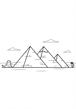 Voir le coloriage Majestueuses pyramides de Gizeh se dressant sous un ciel doré au coucher du soleil