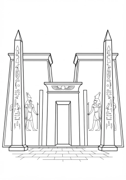 Voir le coloriage Porte monumentale d'un pylône de temple flanquée de grands obélisques sculptés