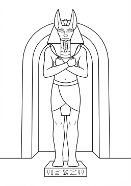Voir le coloriage Statue monumentale d'Anubis veillant silencieusement à l'entrée d'une chambre funéraire