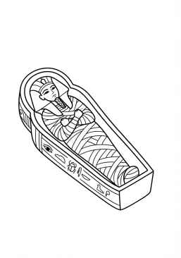 Voir le coloriage Momie délicatement enveloppée de bandelettes de lin blanc dans son sarcophage peint