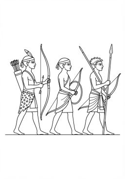 Voir le coloriage Guerriers nubiens armés d'arcs et de flèches participant à un défilé militaire royal