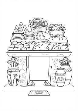 Voir le coloriage Table d'offrandes richement garnie de pains, de fruits et de viandes pour les dieux