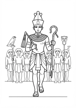 Voir le coloriage Pharaon coiffé du pschेंट portant le grand sceptre et le fouet lors d'une procession