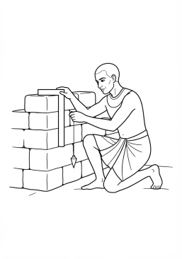 Voir le coloriage Bâtisseur royal vérifiant l'alignement d'un mur avec une équerre de bois ancienne