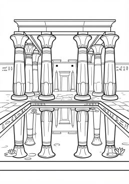 Voir le coloriage Bassin d'eau sacrée reflétant les colonnes papyriformes d'un temple thébain
