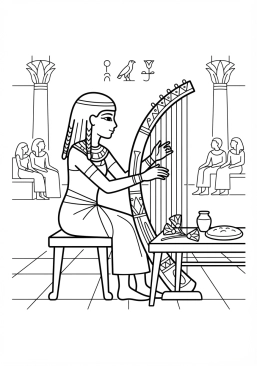 Voir le coloriage Jeune musicienne jouant de la harpe arquée lors d'un banquet de la cour pharaonique