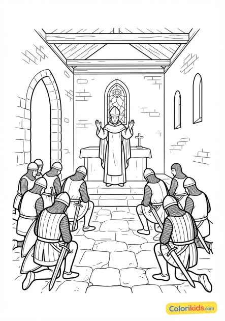 Coloriage à imprimer : abbé bénissant les troupes rassemblées dans la chapelle avant le grand siège
