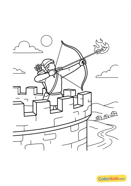 Coloriage à imprimer : archer tirant une flèche enflammée depuis le haut des créneaux de la muraille