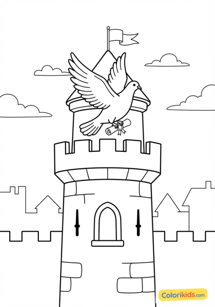 Coloriage à imprimer : pigeon voyageur s'envolant de la tour principale avec un message attaché à sa patte