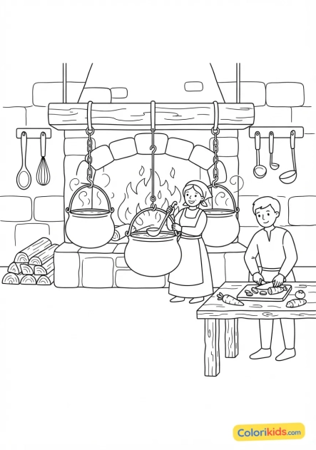 Coloriage à imprimer : cuisine du château avec de grands chaudrons suspendus au-dessus d'un âtre ardent