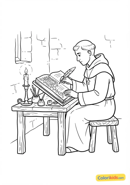 Coloriage à imprimer : moine copiste enluminant un manuscrit précieux à la lueur d'une bougie dans sa cellule