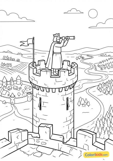 Coloriage à imprimer : seigneur féodal observant ses terres depuis le sommet du donjon fortifié