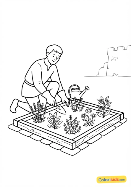Coloriage à imprimer : jardinier cultivant des plantes médicinales dans le carré clos des simples du château