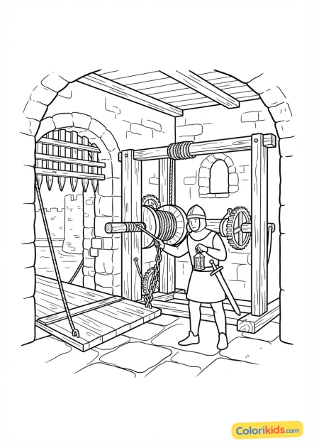 Coloriage à imprimer : garde vérifiant le treuil du pont-levis dans la sombre salle des mécanismes