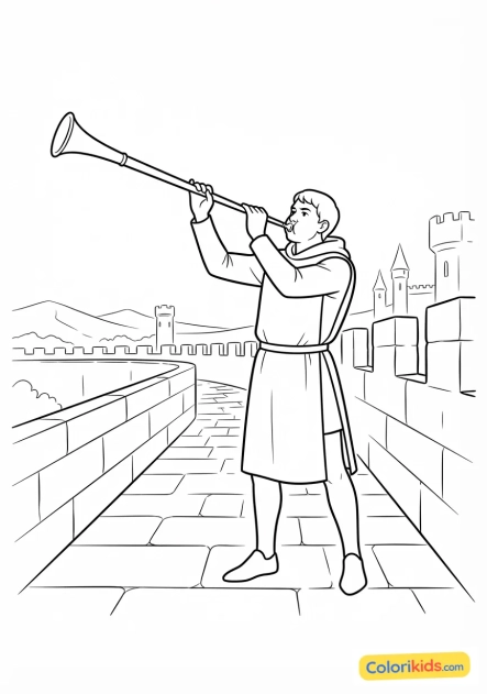 Coloriage à imprimer : héraut d'armes soufflant dans une longue trompette en bronze sur le chemin de ronde