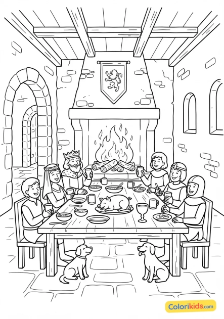 Coloriage à imprimer : intérieur de la grande salle où le banquet seigneurial bat son plein autour d'un feu