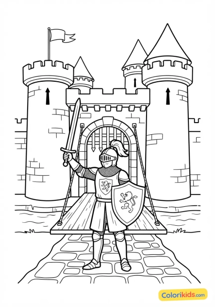 Coloriage à imprimer : chevalier en armure brillante brandissant une longue épée devant le pont-levis du château
