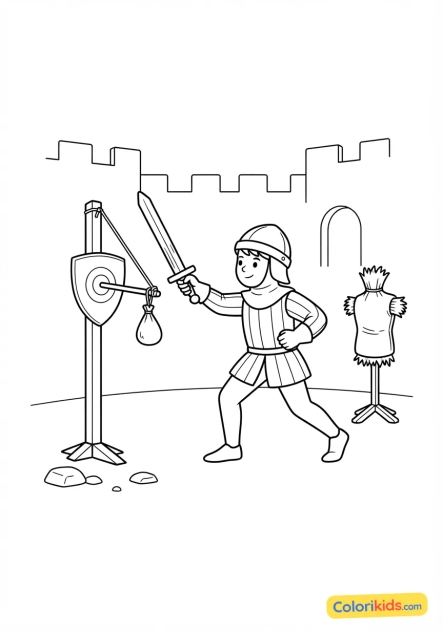 Coloriage à imprimer : chevalier s'exerçant au combat à l'épée en bois dans la cour d'armes du château