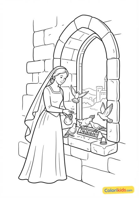 Coloriage à imprimer : châtelaine nourrissant des colombes voyageuses sur le rebord d'une haute fenêtre