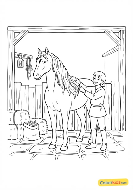 Coloriage à imprimer : Écurie seigneuriale où un palefrenier brosse la crinière d'un grand destrier noir
