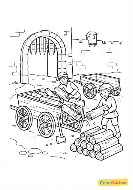 Coloriage à imprimer : bûcherons déchargeant du bois de chauffage de leurs charrettes à l'entrée de la basse-cour