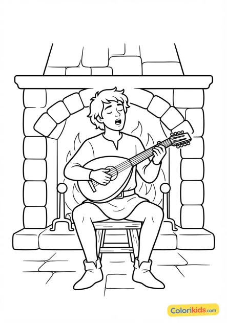 Coloriage à imprimer : ménestrel jouant du luth et chantant des ballades courtoises devant la cheminée