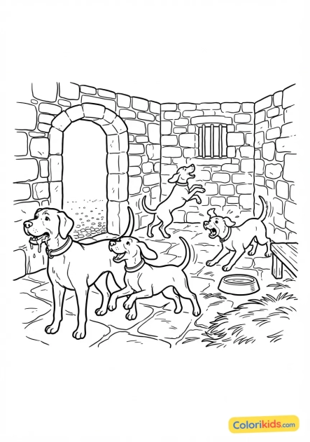 Coloriage à imprimer : meute de chiens de chasse bavant et s'agitant dans leur chenil en pierre du château