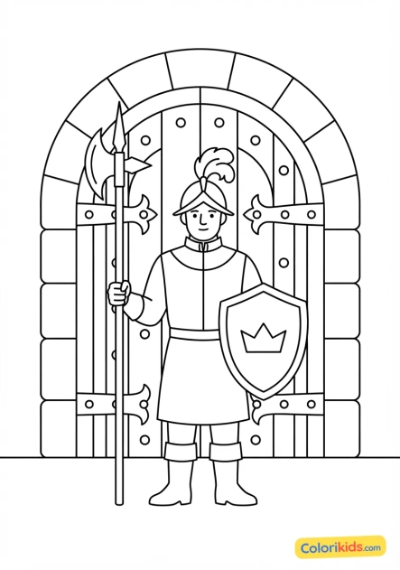 Coloriage à imprimer : garde royal en faction avec sa hallebarde devant la lourde porte en chêne clouté