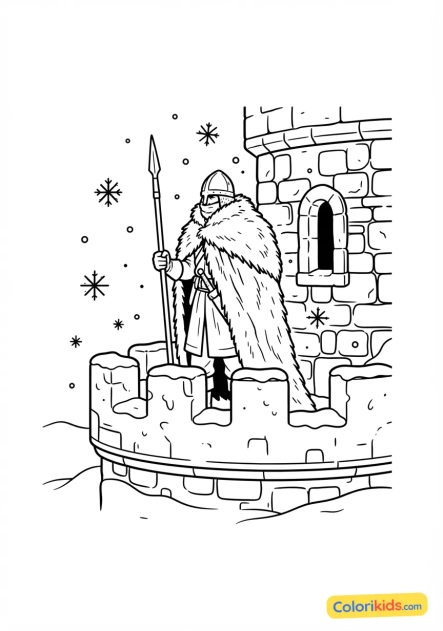 Coloriage à imprimer : sentinelle enveloppée d'une cape de fourrure bravant la neige au sommet d'une tour