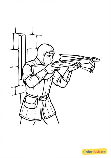 Coloriage à imprimer : tirailleur utilisant une arbalète lourde pour viser depuis les meurtrières étroites