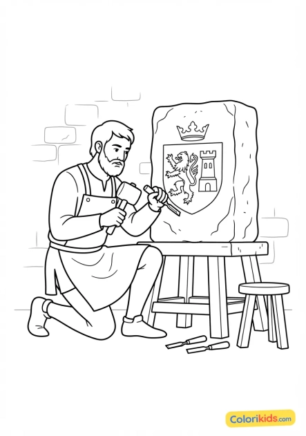Coloriage à imprimer : artisan tailleur de pierre sculptant un blason héraldique sur un bloc de calcaire