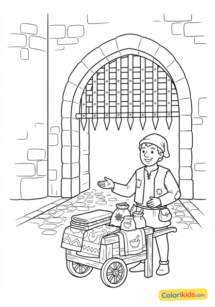 Coloriage à imprimer : vendeur ambulant proposant des étoffes et des épices devant la herse baissée
