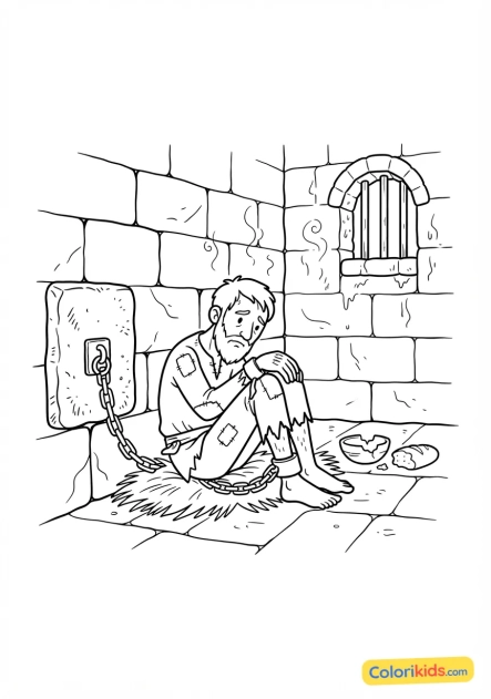 Coloriage à imprimer : prisonnier en haillons enchaîné dans les sombres souterrains humides du donjon