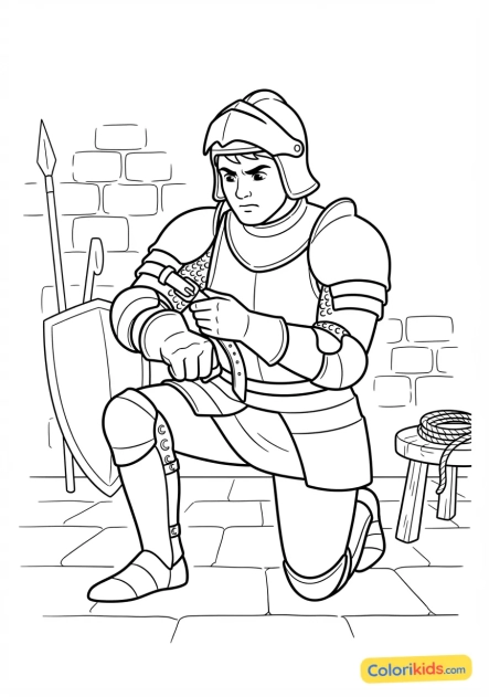 Coloriage à imprimer : guerrier ajustant les sangles de son armure de plaques avant l'assaut final