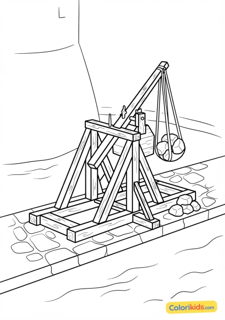 Coloriage à imprimer : catapulte en bois prête à lancer de lourdes pierres depuis les douves du château