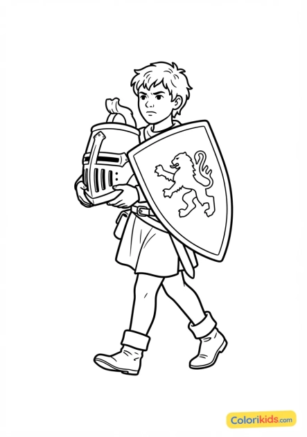 Coloriage à imprimer : jeune page portant l'écusson et le heaume lourd de son chevalier protecteur