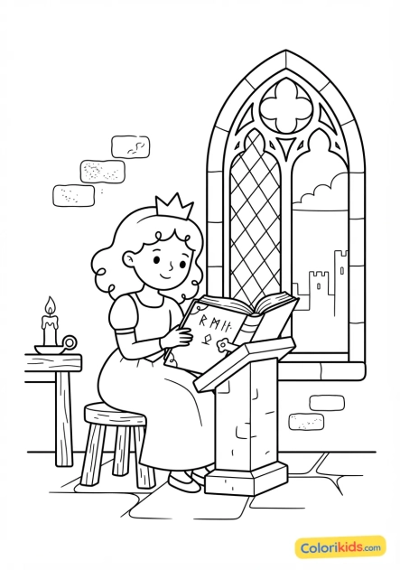 Coloriage à imprimer : jeune princesse lisant un grimoire près d'une haute fenêtre ogivale en pierre