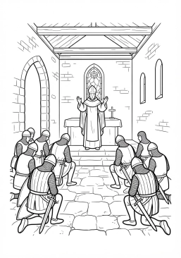 Voir le coloriage Abbé bénissant les troupes rassemblées dans la chapelle avant le grand siège