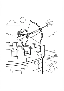 Voir le coloriage Archer tirant une flèche enflammée depuis le haut des créneaux de la muraille