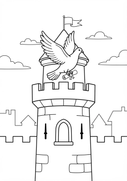 Voir le coloriage Pigeon voyageur s'envolant de la tour principale avec un message attaché à sa patte