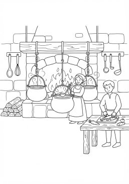 Voir le coloriage Cuisine du château avec de grands chaudrons suspendus au-dessus d'un âtre ardent