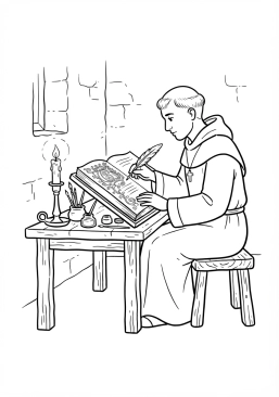 Voir le coloriage Moine copiste enluminant un manuscrit précieux à la lueur d'une bougie dans sa cellule