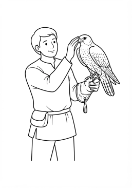 Voir le coloriage Fauconnier caressant un grand faucon pèlerin posé sur son gant de cuir épais