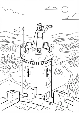 Voir le coloriage Seigneur féodal observant ses terres depuis le sommet du donjon fortifié